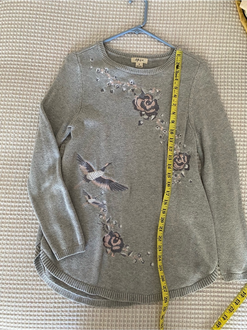 Style & Co. Gray Knit Sweater Top with Embroidered Birds & Roses